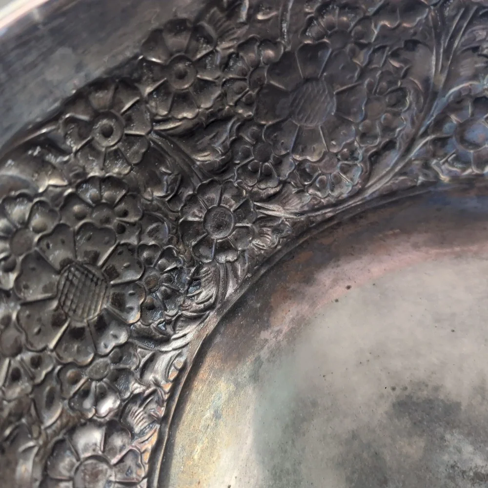 EPNS Floral Embossed Pedestal Bowl Silver Made in India Large Ornate Centerpiece